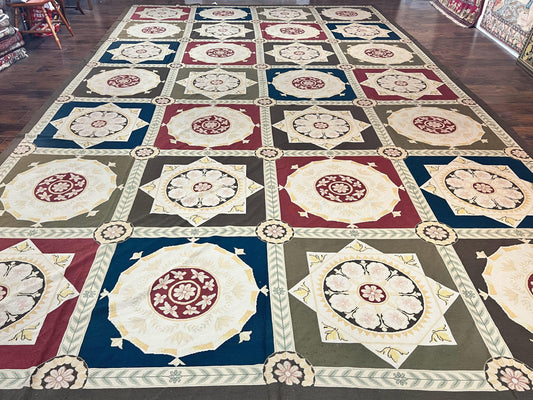 Needlepoint Rug 11x19, Oversized Wool Hand Woven Vintage Carpet, Panel Design, Palace Size Handmade Flatweave Rug, Extra Large, Multicolor - Nuvé
