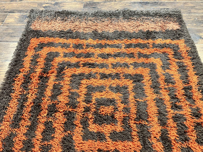 Vintage Rya Shag Rug 4.6 x 6.6, Abstract Design, Brown and Orange, Mid Century Danish Rya Carpet - Nuvé