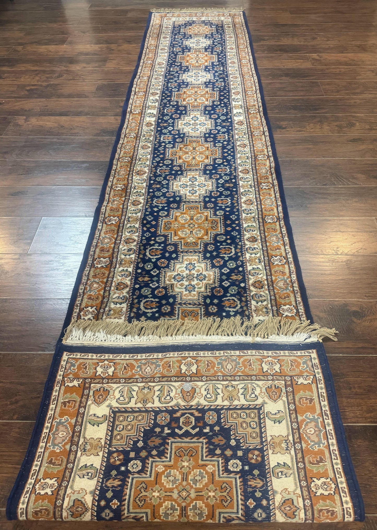 Indo Persian Runner Rug 2.6 x 12.7, Indian Kashmiri Runner for Hallway or Kitchen, Navy Blue, Geometric Medallions, Handmade Wool - Nuvé