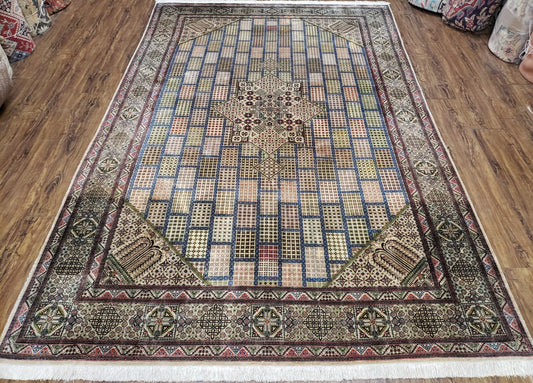 Sino Persian Silk Rug 6.4 x 9.9, Very Fine Hand Knotted Carpet, Panel Design Multicolor, Silk Pile on Silk Foundation, Handmade Vintage - Nuvé