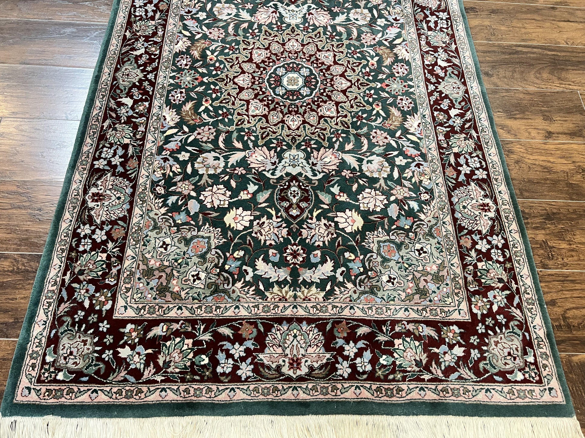 Pak Persian Rug 4x6, Wool Hand Knotted Vintage Carpet, Dark Green, Floral Medallion, Fine Oriental Rug - Nuvé