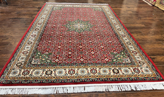 Persian Tabriz Rug 7x10, Wool Hand Knotted Vintage Carpet, Red Green & Cream, Herati Pattern, 7 x 10 Room Sized Oriental Rug - Nuvé