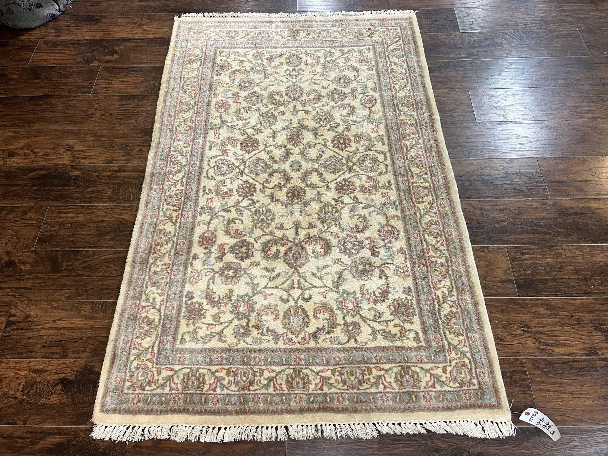 Indo Persian Rug 4x6, Vintage Handmade Wool Carpet, Floral Allover Pattern, Beige, Pair B - Nuvé