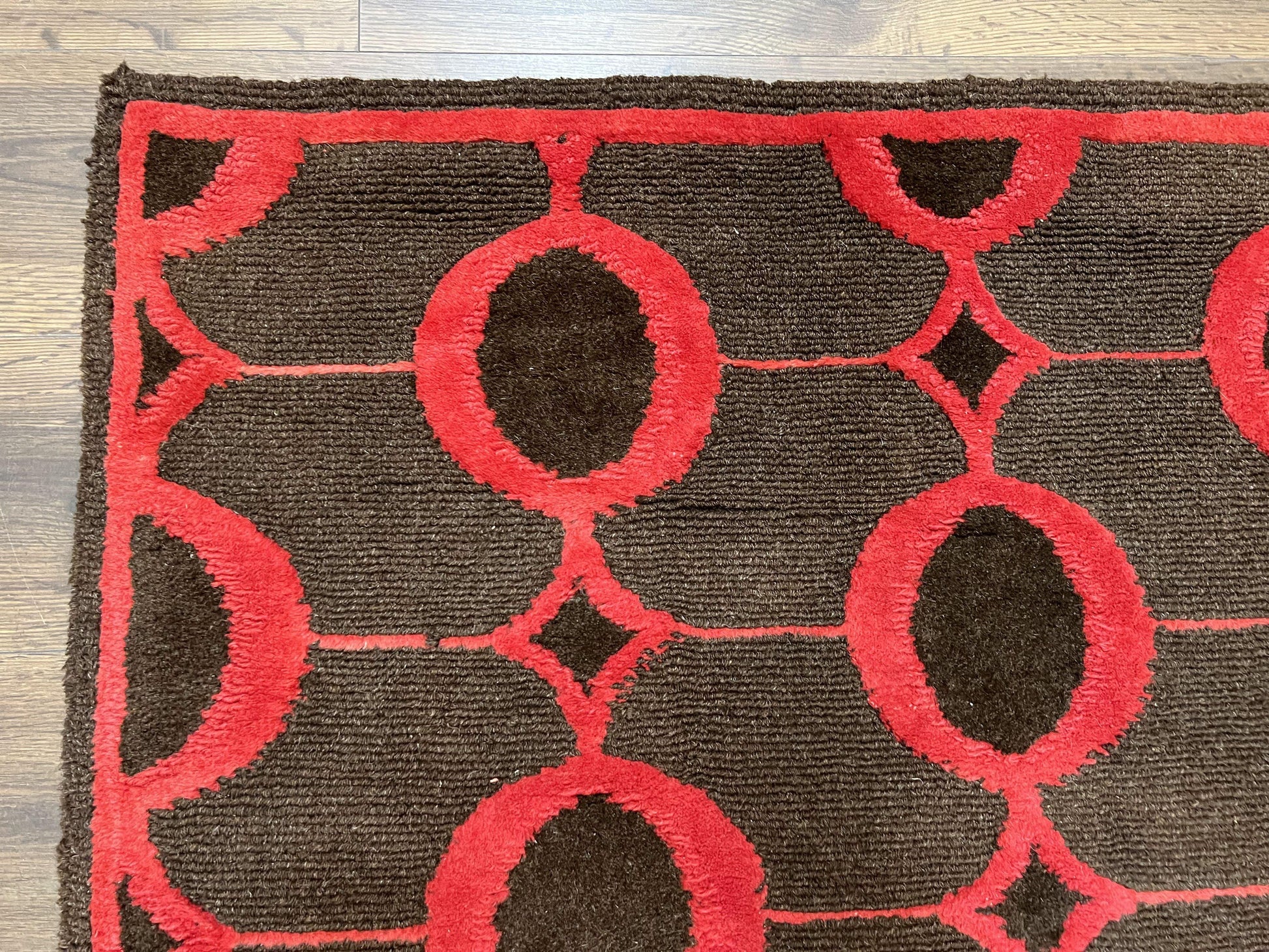 Modern Tibetan Rug 3.8 x 5.7, Raspberry Red and Dark Brown, Abstract Circle Design, Hand Knotted, Soft Wool Handmade Tibet Nepali Carpet 4x6 - Nuvé