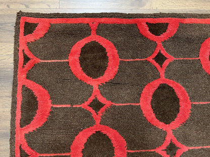 Modern Tibetan Rug 3.8 x 5.7, Raspberry Red and Dark Brown, Abstract Circle Design, Hand Knotted, Soft Wool Handmade Tibet Nepali Carpet 4x6 - Nuvé