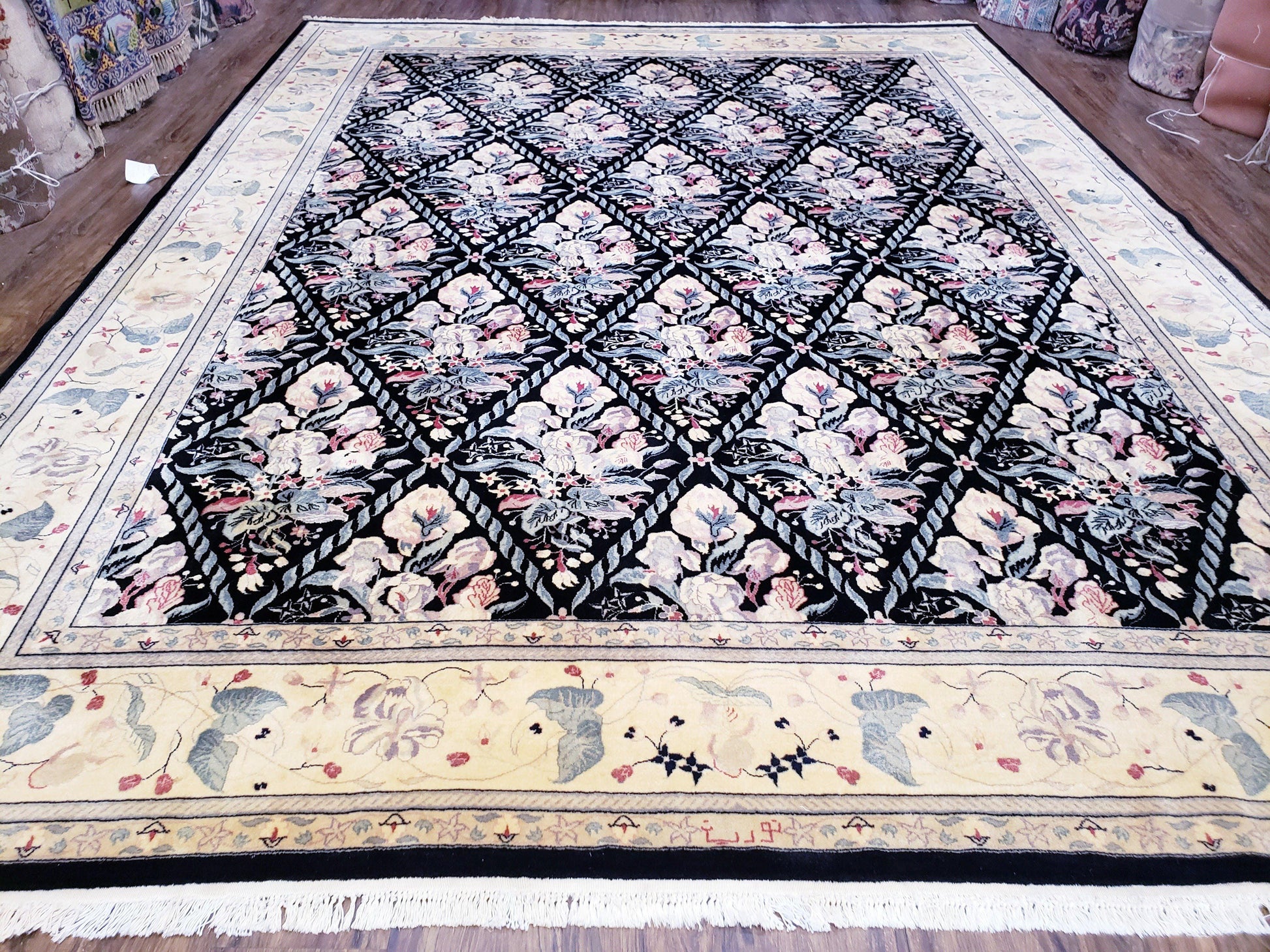 Black Kirman Rug, 8x11 - 9x12 Rug, Sino-Persian Rug, Floral Oriental Carpet, Handmade Rug, Black and Ivory Rug, Room Sized Area Rug, Wool - Nuvé