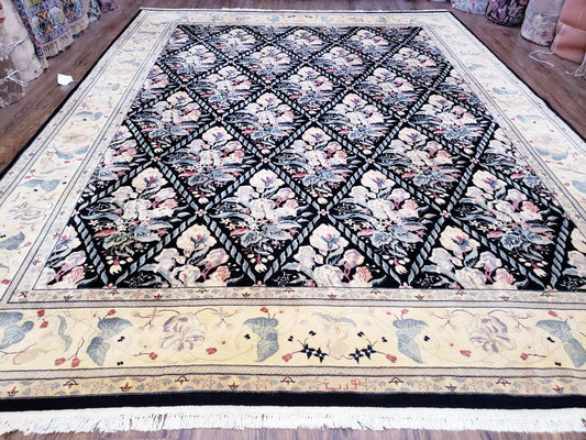 Black Kirman Rug, 8x11 - 9x12 Rug, Sino-Persian Rug, Floral Oriental Carpet, Handmade Rug, Black and Ivory Rug, Room Sized Area Rug, Wool - Nuvé