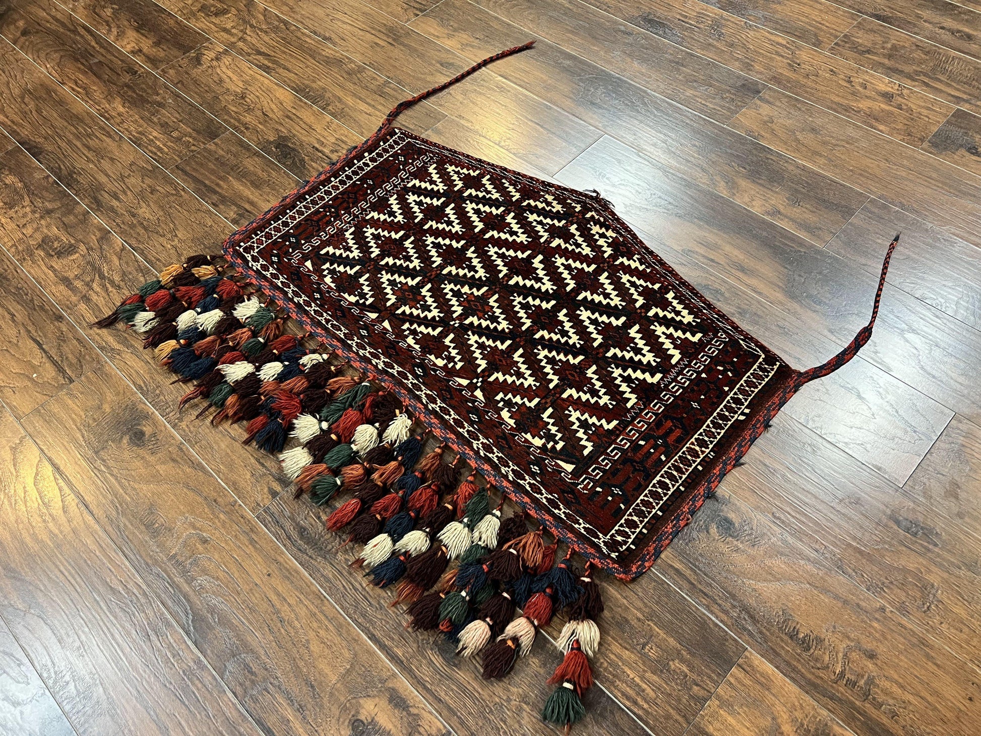 Antique Turkoman Camel Trapping, Turkoman Asmalyk, Red Black Ivory, Handmade, Hand Knotted Tribal Collectible Rug, Rare - Nuvé