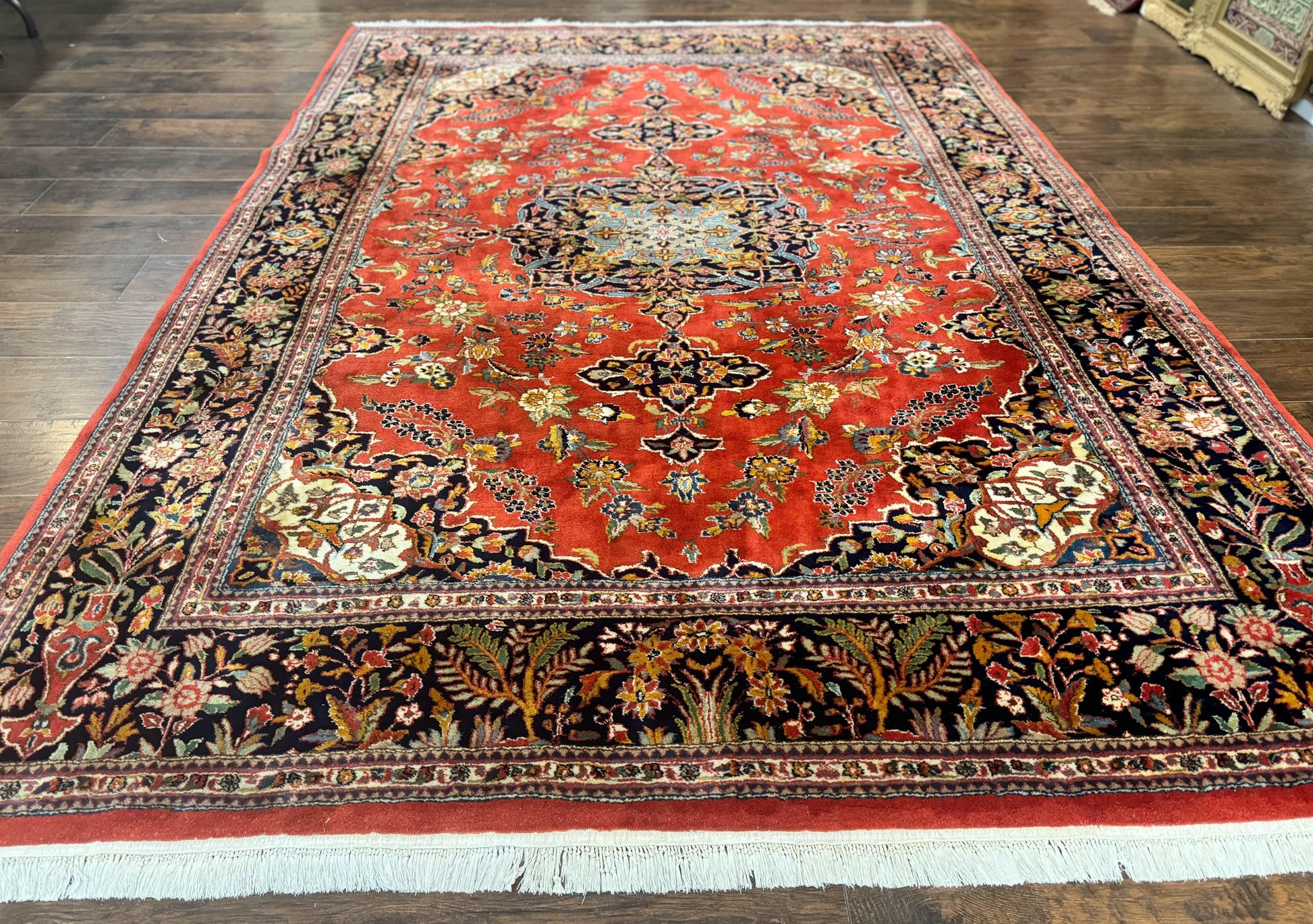 Indo Persian Rug 7x10, Vintage Handmade Wool Carpet, Floral Medallion Traditional Rug, Red and Midnight Blue - Nuvé