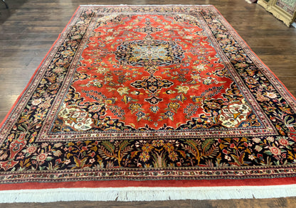 Indo Persian Rug 7x10, Vintage Handmade Wool Carpet, Floral Medallion Traditional Rug, Red and Midnight Blue - Nuvé