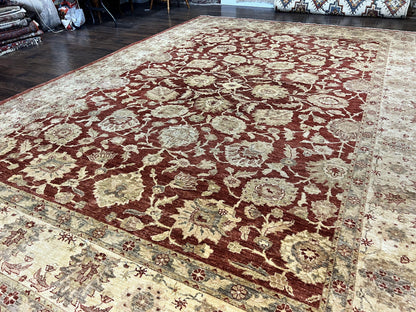 Pak Persian Rug 10x14, Sultanabad Mahal Peshawar Chobi Carpet, Large Vintage Wool Oriental Rug, Maroon & Beige, Floral Allover, Handmade - Nuvé