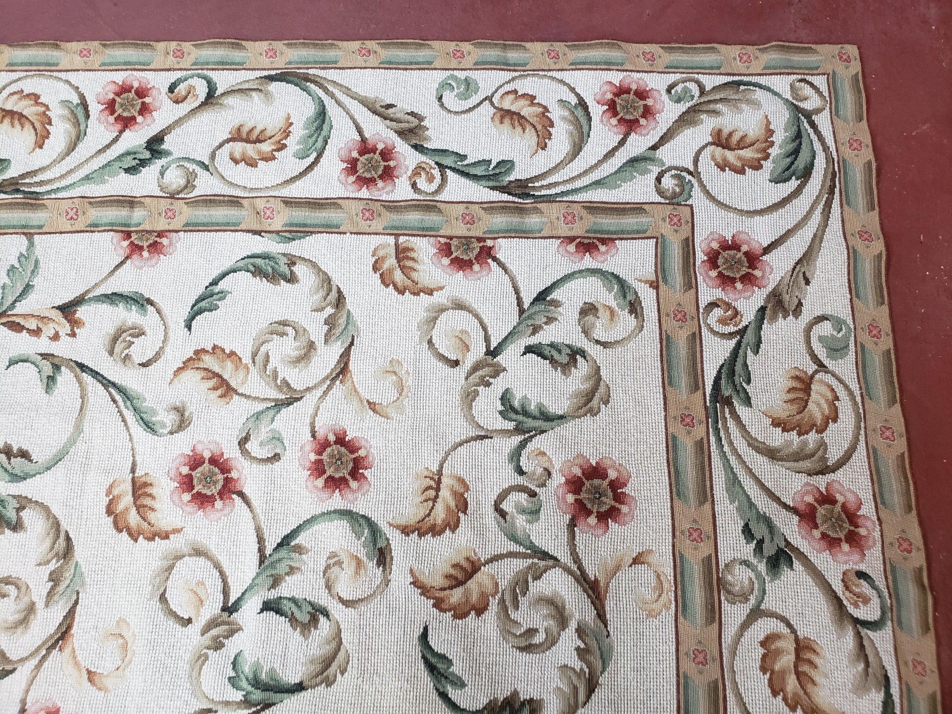 Needlepoint Rug 9x12, European Aubusson Design, Floral Allover Garden Pattern, New Needlepoint Area Rug, Ivory Rug, Hand Woven, Flatweave - Nuvé