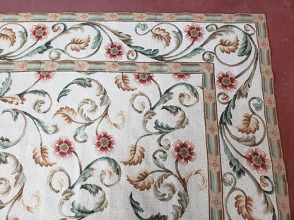 Needlepoint Rug 9x12, European Aubusson Design, Floral Allover Garden Pattern, New Needlepoint Area Rug, Ivory Rug, Hand Woven, Flatweave - Nuvé