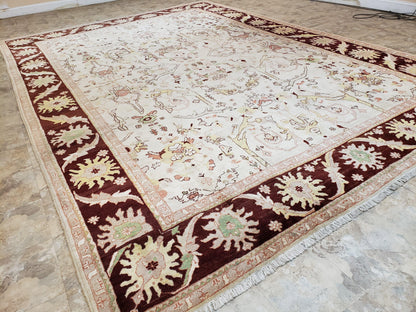 Beige and Maroon Peshawar Rug 10x15, Large Oushak Carpet, Pakistani Rug, Handmade Area Rug, Hand Knotted Rug, Living Room Rug, Nice Wool Rug - Nuvé