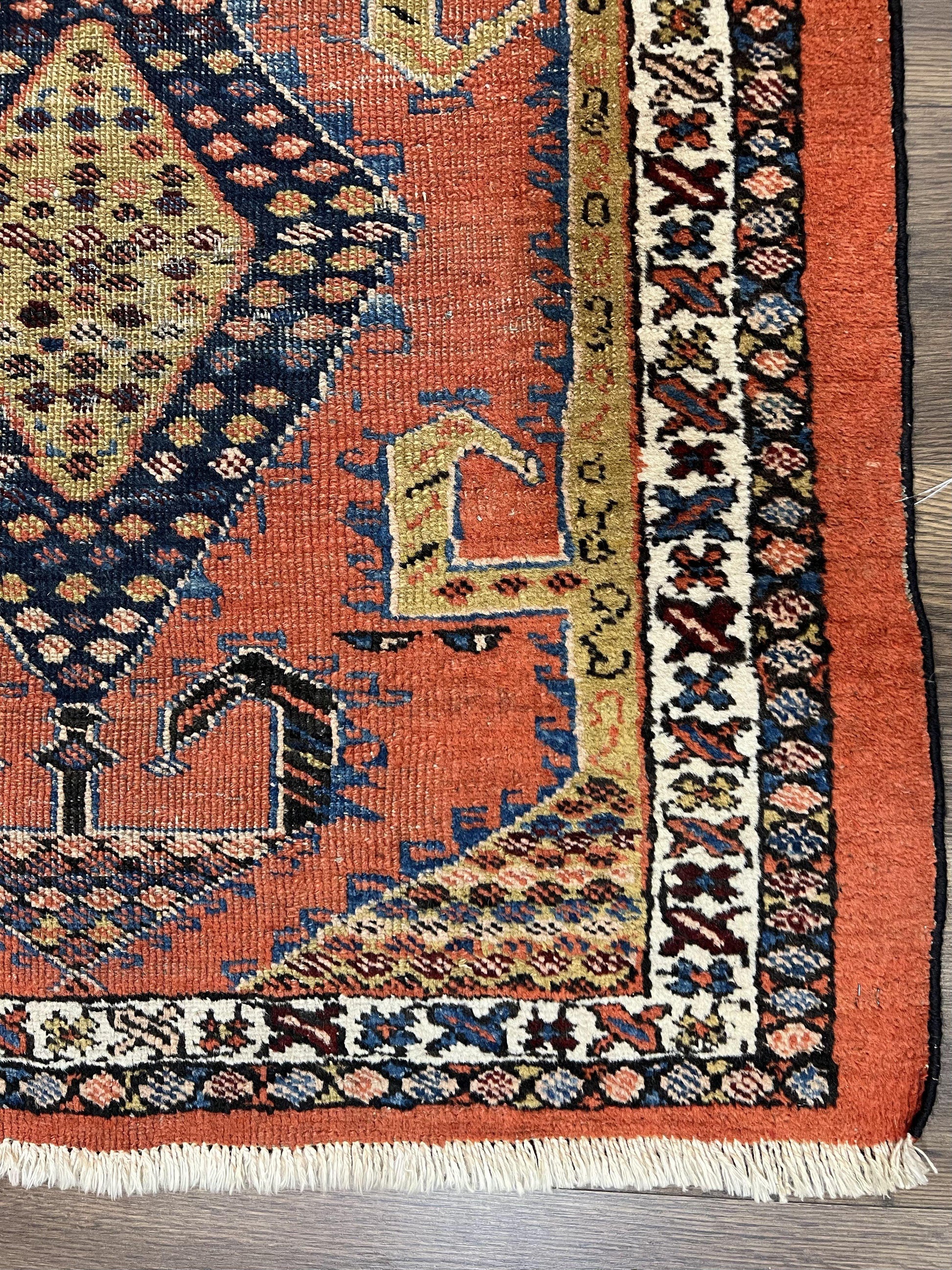 Rare Persian Tribal Runner Rug 3 x 11, Sarab Serab Persian Runner, Antique 1920s Collectible Geometric Medallions Oriental Wool Runner, Hand Knotted, Bright Orange-Red - Nuvé