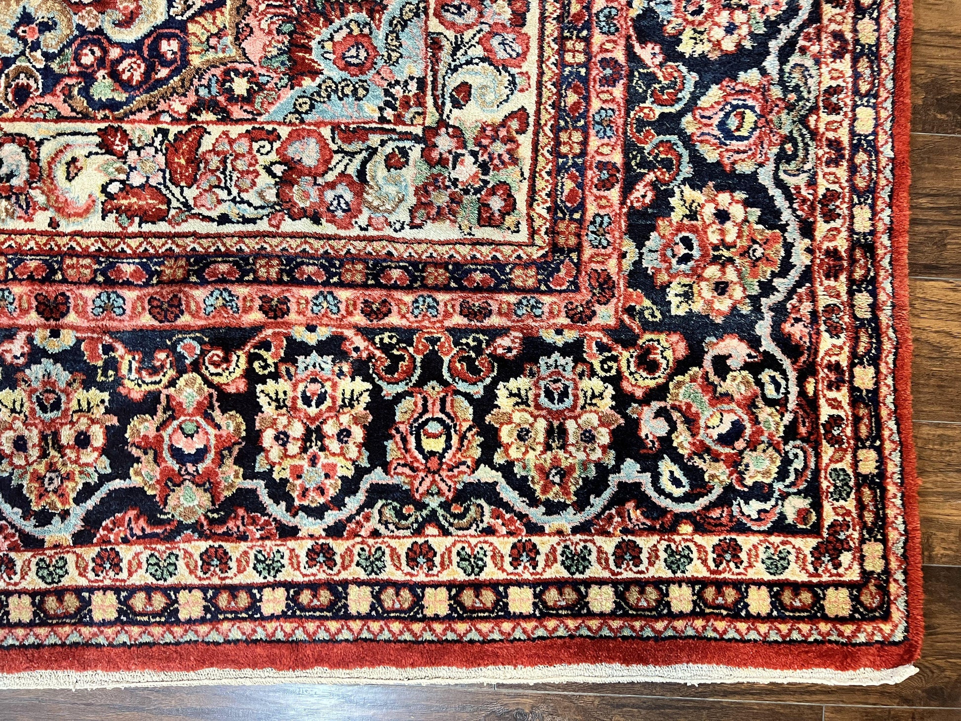 Persian Sarouk Rug 11x14, Semi Open Field, Large Antique Persian Wool Handmade Carpet, Red and Dark Blue, Floral - Nuvé
