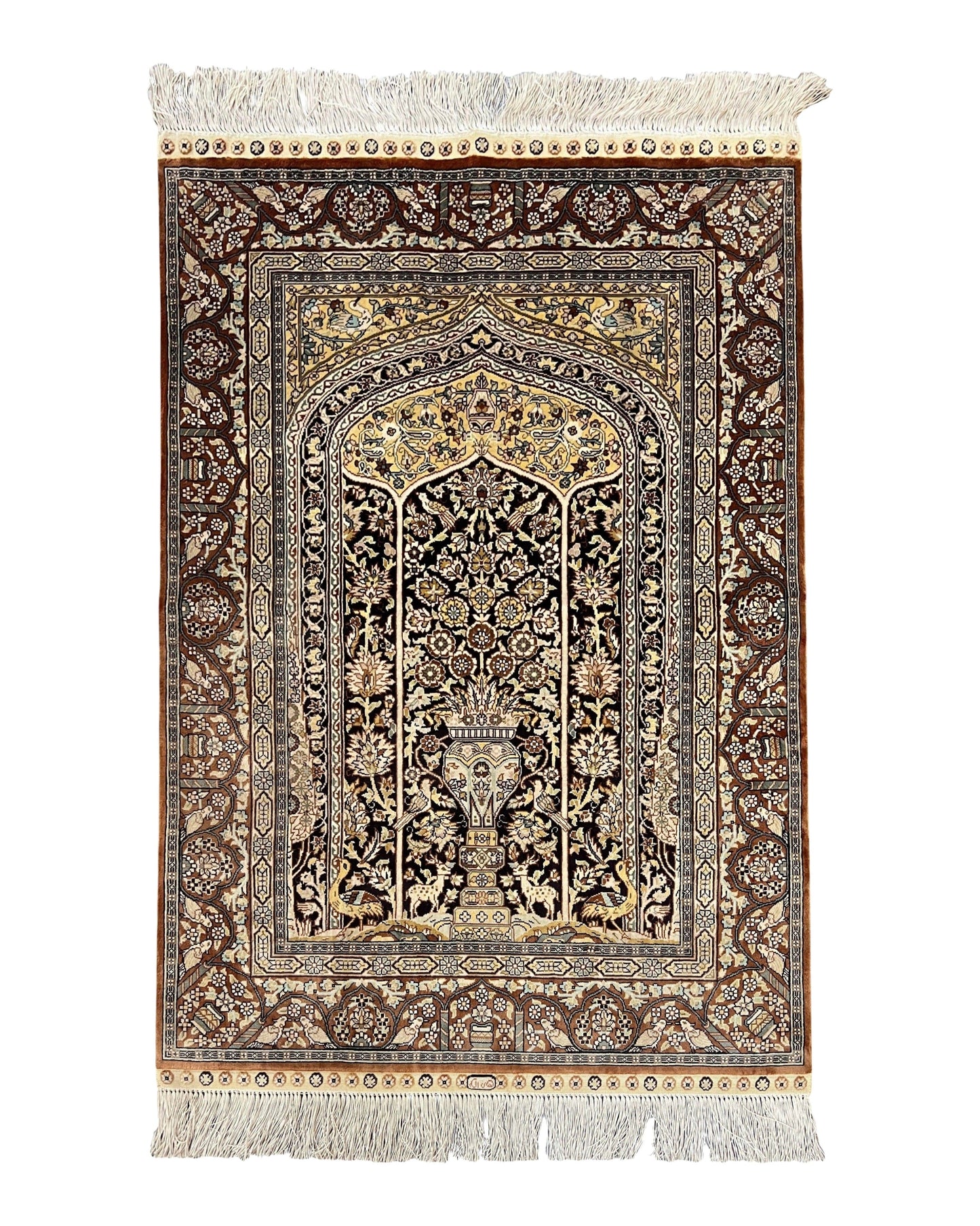 Turkish Silk Hereke Rug 2x3, Floral Vase Tree of Life Birds, Silk Pile on Silk Foundation, Vintage Oriental Carpet, Very Fine, Signature