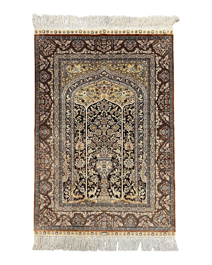 Turkish Silk Hereke Rug 2x3, Floral Vase Tree of Life Birds, Silk Pile on Silk Foundation, Vintage Oriental Carpet, Very Fine, Signature