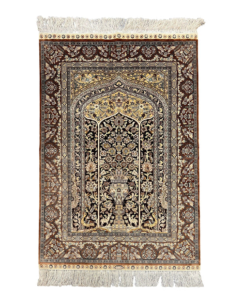 Turkish Silk Hereke Rug 2x3, Floral Vase Tree of Life Birds, Silk Pile on Silk Foundation, Vintage Oriental Carpet, Very Fine, Signature