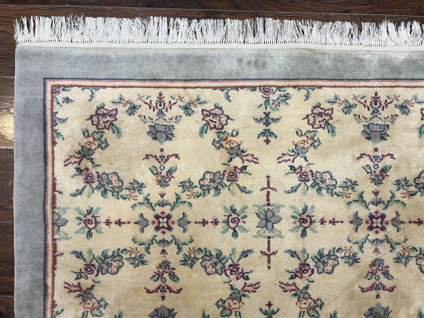 Sino Persian Rug 8x10, Floral, Oatmeal and Light Teal, Handmade Wool Vintage Carpet - Nuvé