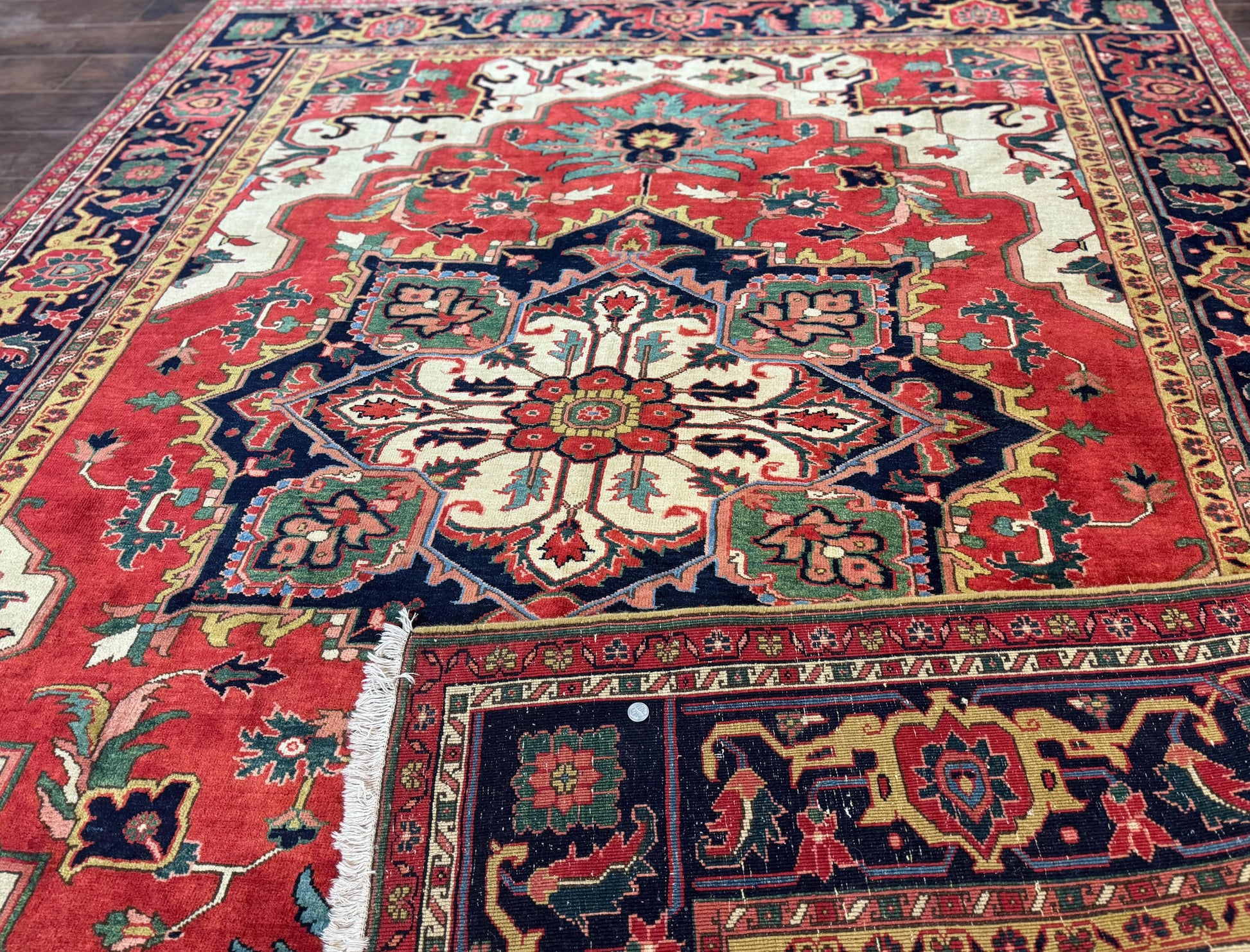 Persian Heriz Serapi Rug 8 x 10.6, Geometric Medallion, Great Colors, Rare, Red Navy Blue Ivory - Nuvé