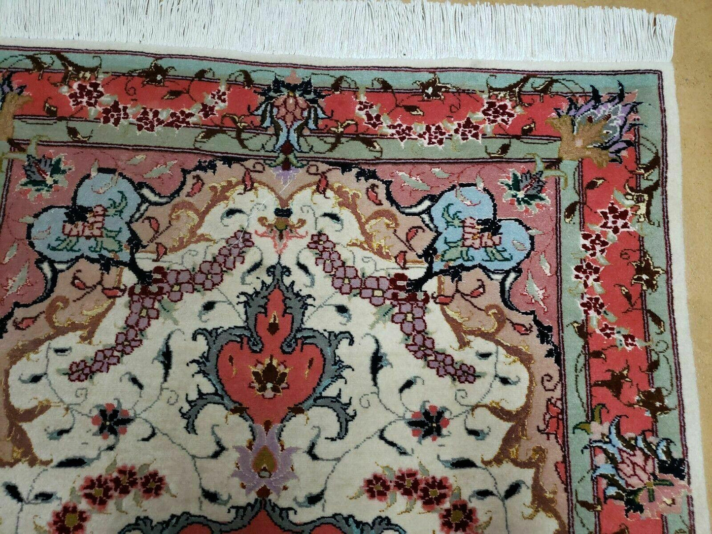 Small Vintage Persian Tabriz Wool and Silk Rug 2.5 x 4 ft, Very Finely Hand Knotted, Medallion, Ivory Salmon Light Blue, Top Quality, Pair B - Nuvé