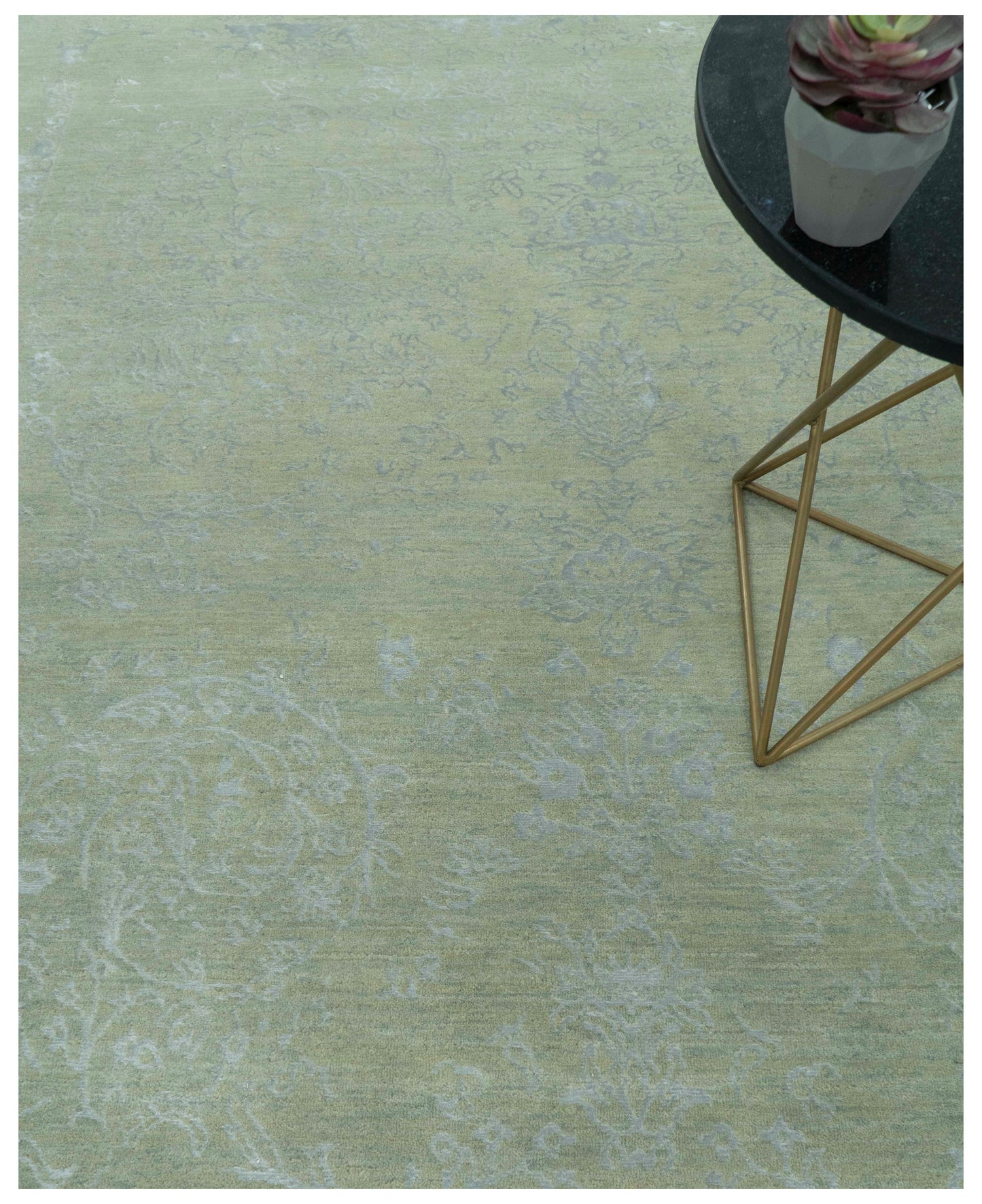 8X10 Fine Hand Knotted Green And Gray Modern abstract Design Wool and Art Silk Rug - Nuvé