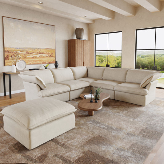 Sabi Modular Boucle Cloud Sofa- Beige - 5-Seater Sectional Sofa with Ottoman - Nuvé