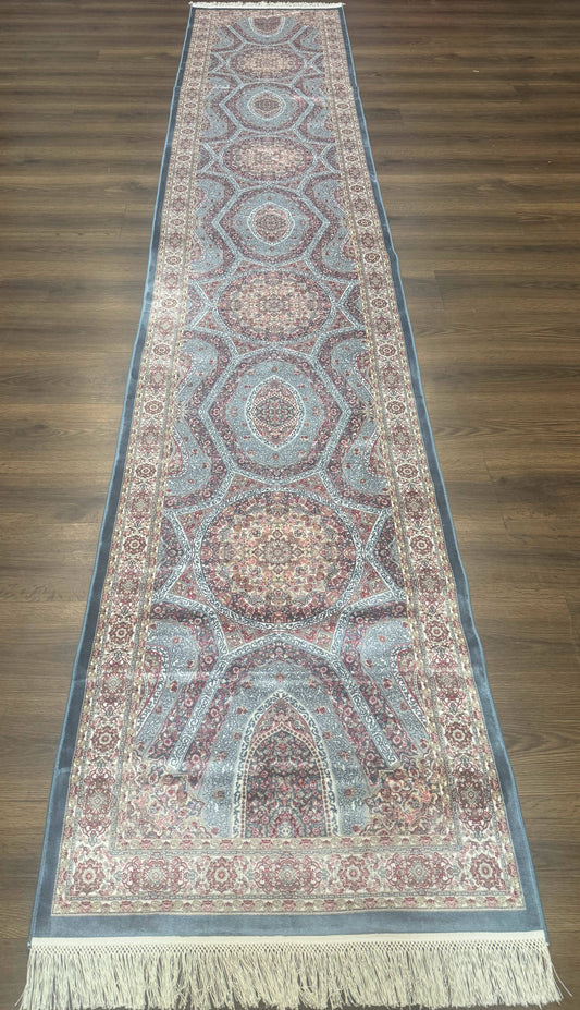 Turkish Silk Runner Rug 2.6 x 13, Blue Runner Rug, Dome Design, Bamboo Silk, New - Nuvé
