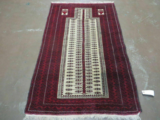 3' X 5' Antique Handmade Turkoman Balouchi Prayer Wool Rug Khamesh - Nuvé