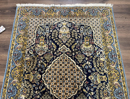 Fine Persian Qum Rug 3x5, Semi Antique Vintage Oriental Ghom Carpet, Floral Medallion, Highly Detailed, Hand Knotted, Navy Blue, Wool Area Rug, Birds - Nuvé