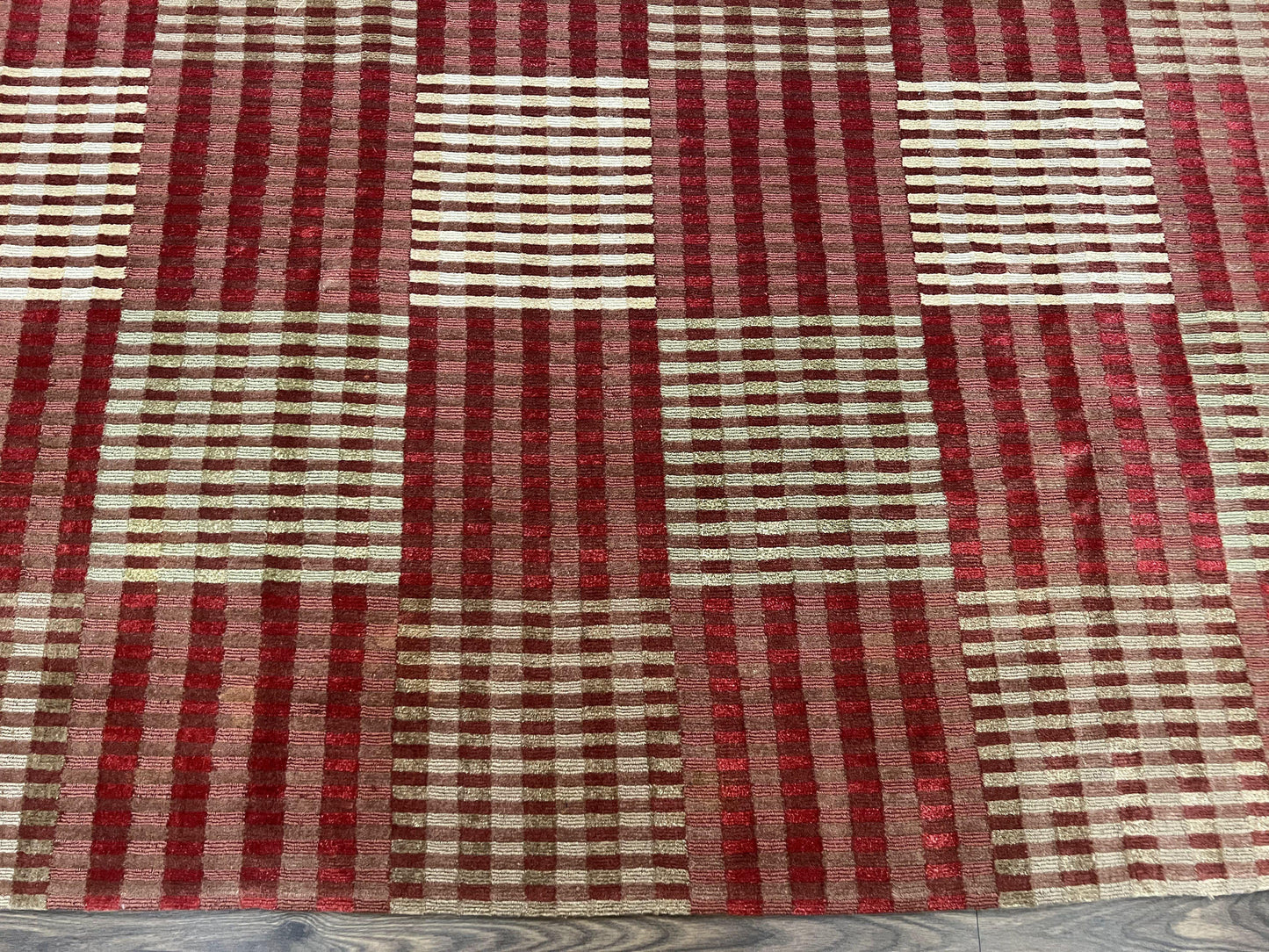 Modern Tibetan Rug 8x10, Hand Knotted Contemporary Nepali Carpet 8 x 10, Checkerboard Design, Red Cream Light Brown, Very Fine Wool & Silk - Nuvé