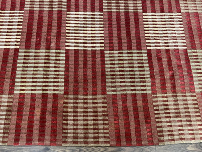 Modern Tibetan Rug 8x10, Hand Knotted Contemporary Nepali Carpet 8 x 10, Checkerboard Design, Red Cream Light Brown, Very Fine Wool & Silk - Nuvé