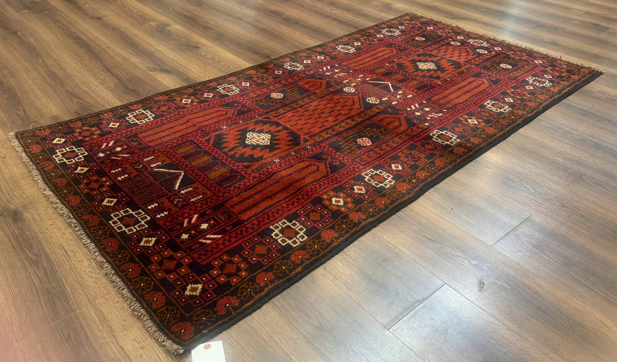 Afghan Rug 3x7, Balouch Carpet, Tribal Rug, Red, New