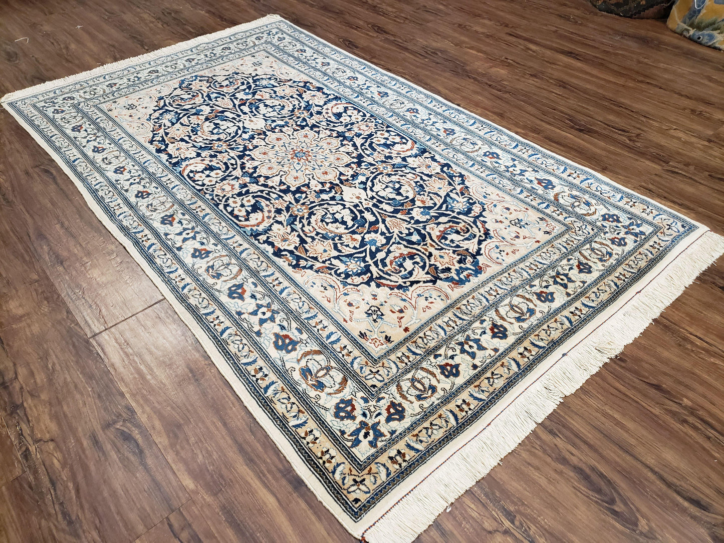 Semi Antique Fine Persian Nain Rug, Ivory & Blue, Wool with Silk Accents, 3'9" x 6'2" - Nuvé