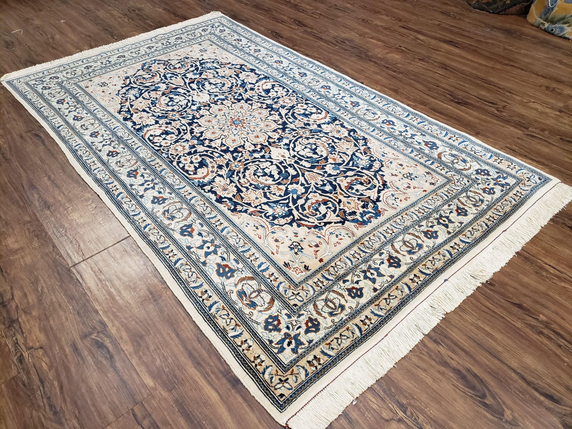 Semi Antique Fine Persian Nain Rug, Ivory & Blue, Wool with Silk Accents, 3'9" x 6'2" - Nuvé