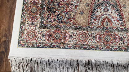 Persian Design Silk Accent Rug, Dome Medallion, Allover Pattern Oriental Carpet, Small Silk Rug, Cream, Ivory, Bamboo Silk, 2' 8" x 4' 1" - Nuvé