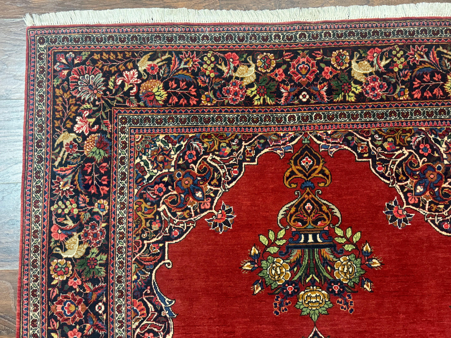 Red Persian Kashan Rug 4x6, Very Fine 260 KPSI, Red and Navy Blue Persian Carpet, Semi Open Field - Nuvé
