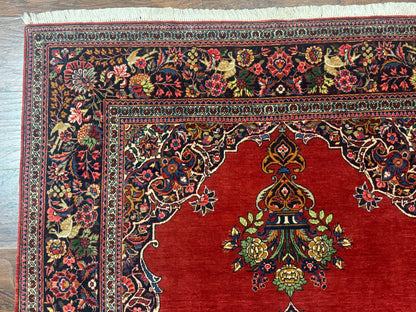Red Persian Kashan Rug 4x6, Very Fine 260 KPSI, Red and Navy Blue Persian Carpet, Semi Open Field - Nuvé