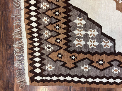 Antique Persian Fars Kilim Rug 8x11, Wool, Boho Tribal Persian Shiraz Flatweave Carpet, Semi Open Field, Geometric, Handmade, Vintage Semi Antique