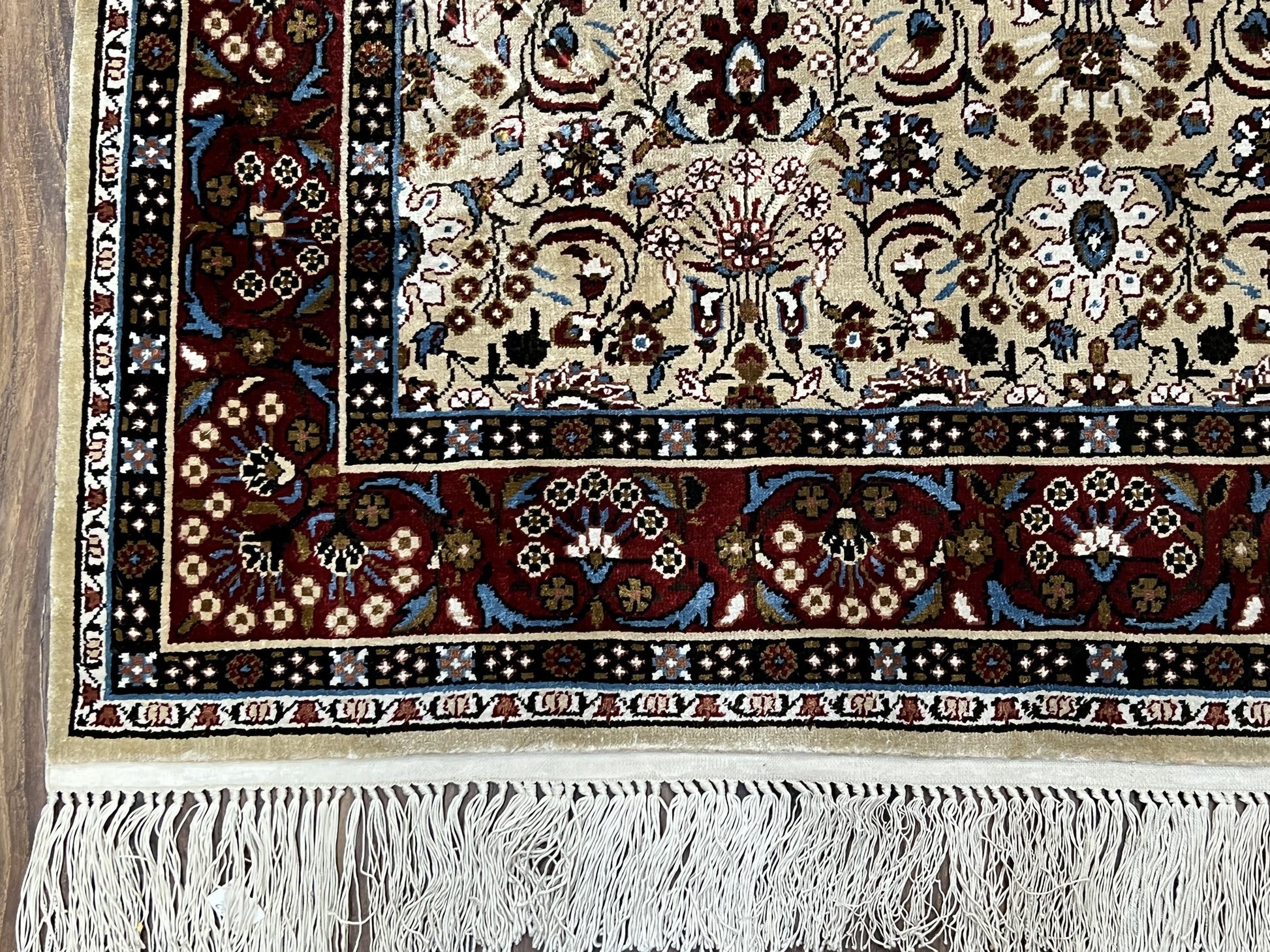 Fine Sino-Persian Silk Rug 3x5, High Quality Silk Carpet, Handmade Small Silk Rug, Allover Repeated Motif, Tan Maroon Blue Vintage Silk Rug - Nuvé