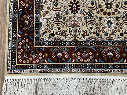 Fine Sino-Persian Silk Rug 3x5, High Quality Silk Carpet, Handmade Small Silk Rug, Allover Repeated Motif, Tan Maroon Blue Vintage Silk Rug - Nuvé