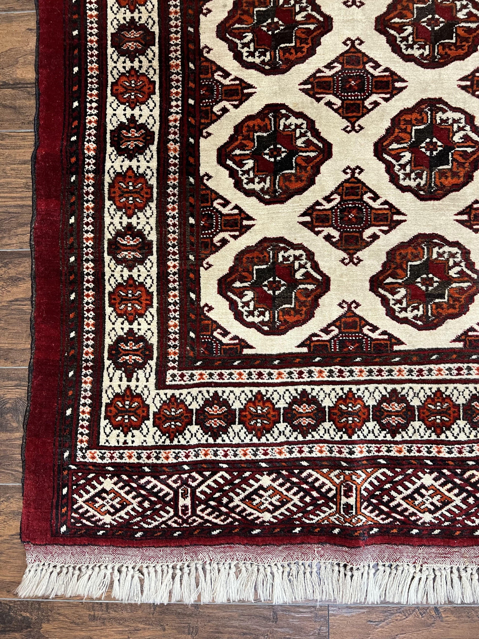 Persian Turkoman Rug 7x8, Almost Square Rare, Hand Knotted, Yamud, Bohemian Rug, Handmade Tribal Rug, Cream Red, Handmade Oriental Carpet - Nuvé