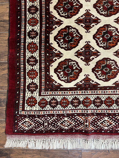 Persian Turkoman Rug 7x8, Almost Square Rare, Hand Knotted, Yamud, Bohemian Rug, Handmade Tribal Rug, Cream Red, Handmade Oriental Carpet - Nuvé