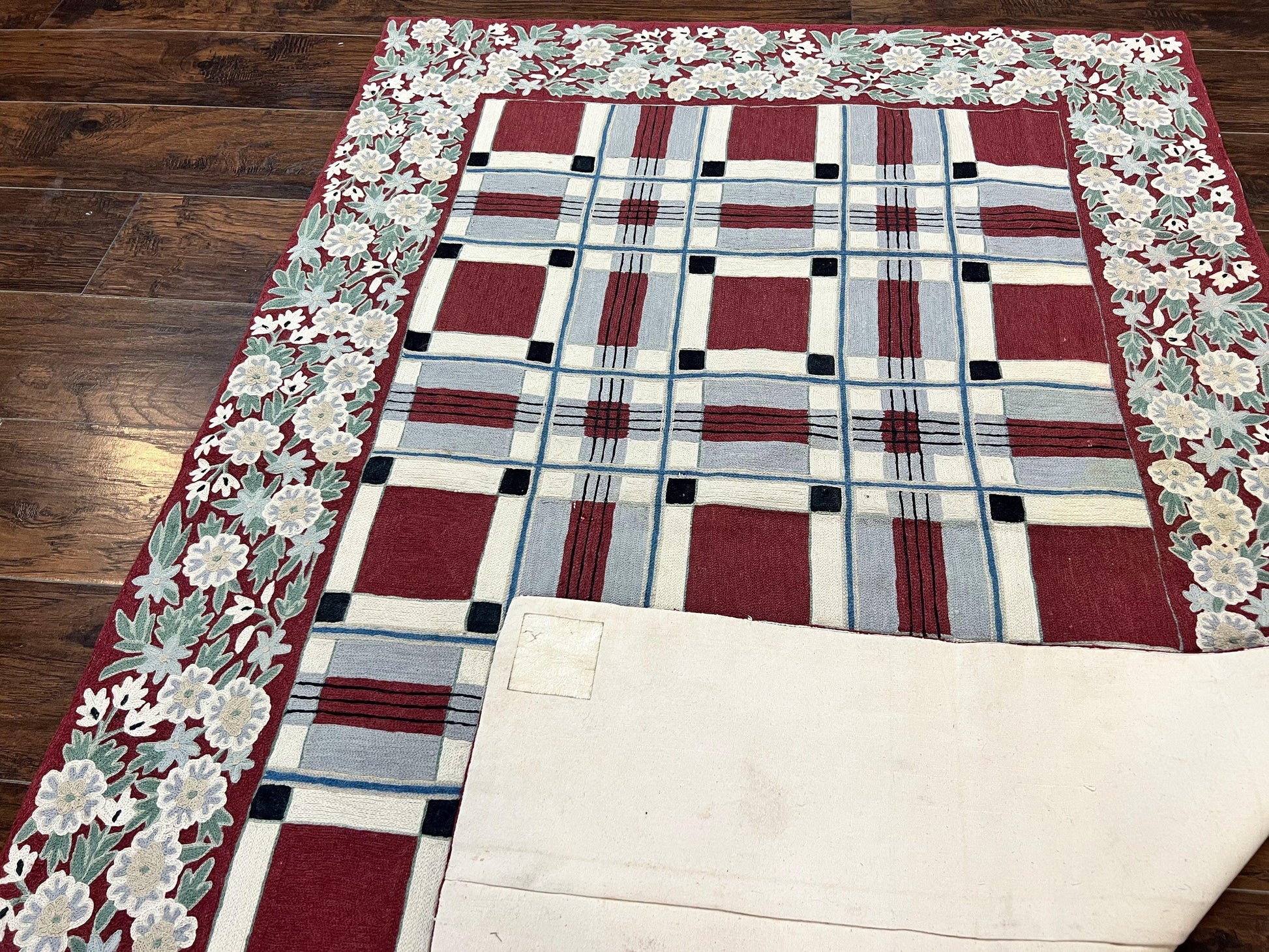 Indian Hand Stitched Rug 4x6, Vintage Carpet, Checkerboard Floral Pattern, Maroon Ivory, Flatweave, Wool - Nuvé