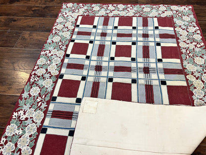 Indian Hand Stitched Rug 4x6, Vintage Carpet, Checkerboard Floral Pattern, Maroon Ivory, Flatweave, Wool - Nuvé