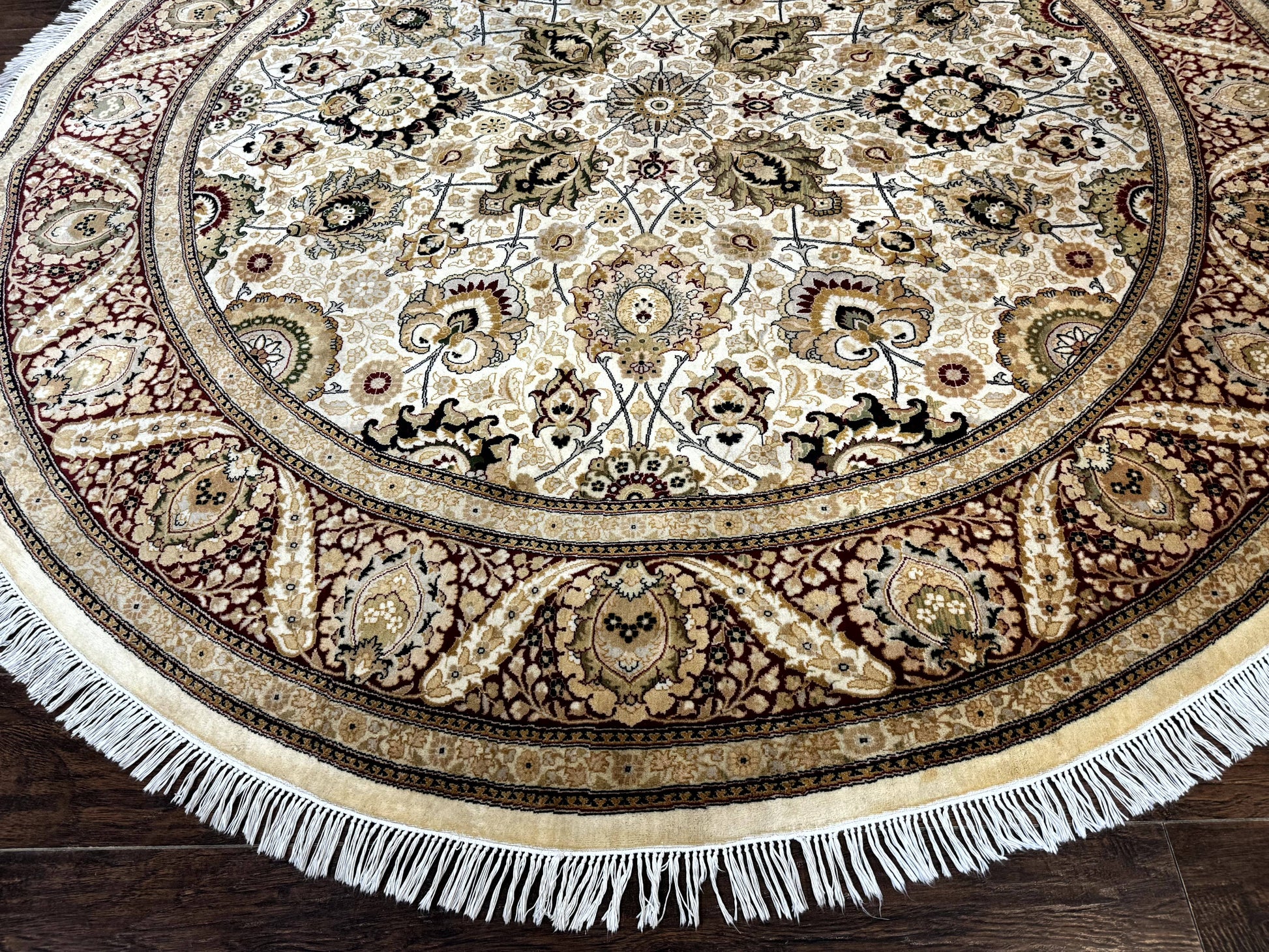 Round Pak Persian Rug 8x8, Vintage Handmade Wool Traditional Carpet, Beige Dark Red, Fine 270 KPSI - Nuvé
