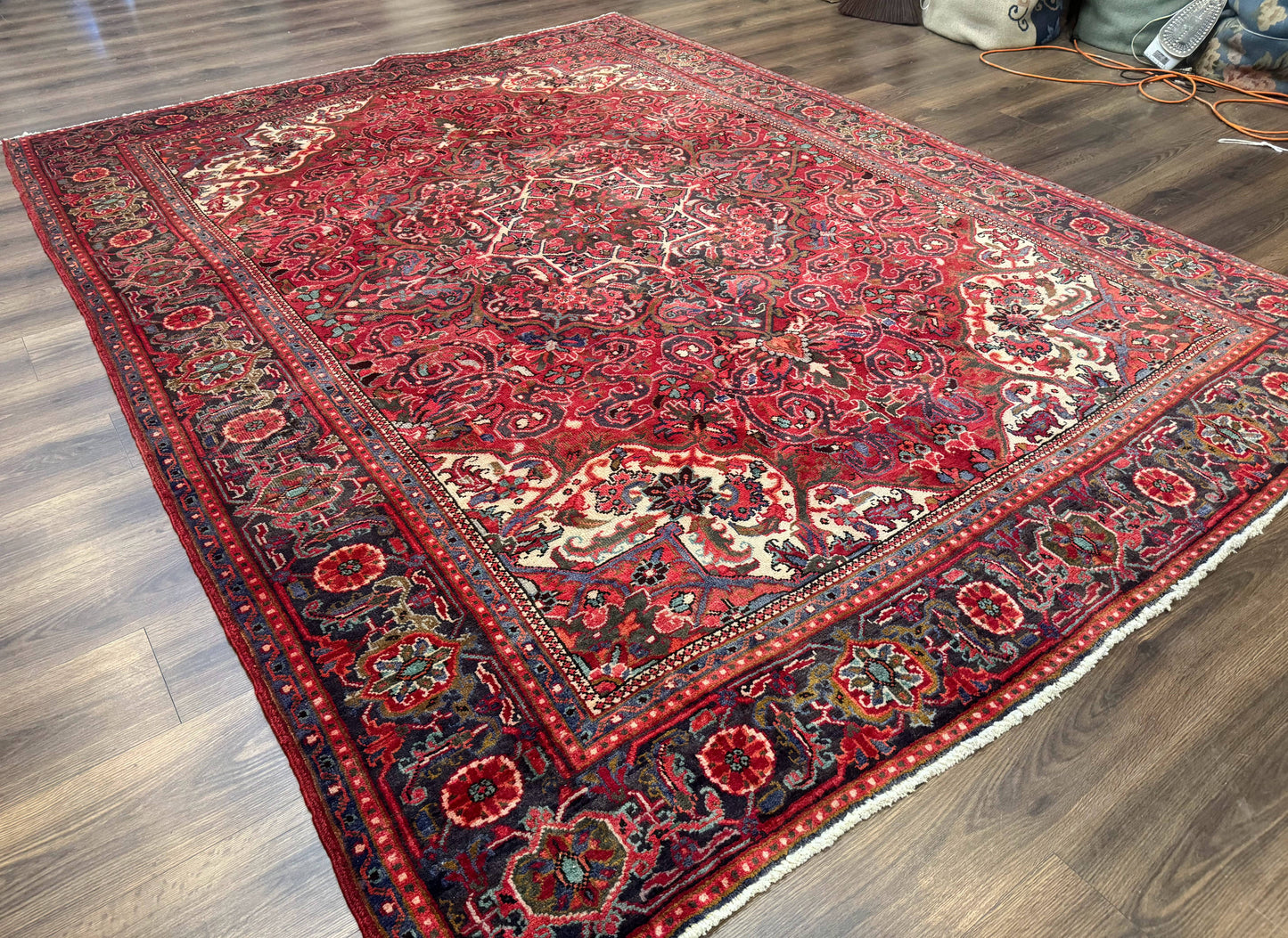 Persian Heriz Rug 7x10, Red and Navy, Geometric Medallion, Vintage Wool Carpet - Nuvé