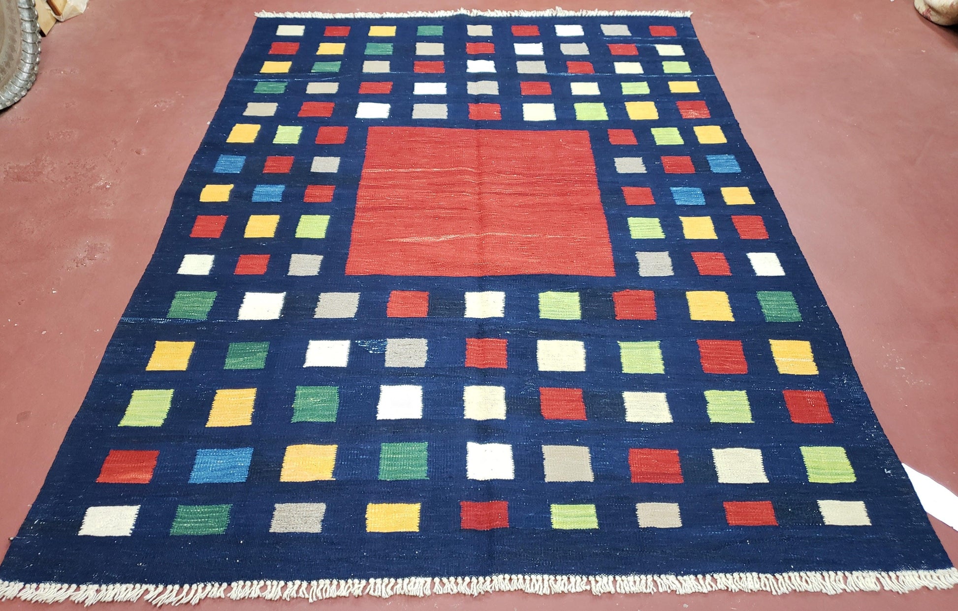Turkish Kilim Rug 5x7 - 6x8, Checkerboard Kilim Carpet, Area Rug, New Playroom Rug, Colorful Multicolor Rug for Nursery Room, Dark Blue Red - Nuvé