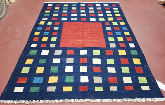 Turkish Kilim Rug 5x7 - 6x8, Checkerboard Kilim Carpet, Area Rug, New Playroom Rug, Colorful Multicolor Rug for Nursery Room, Dark Blue Red - Nuvé